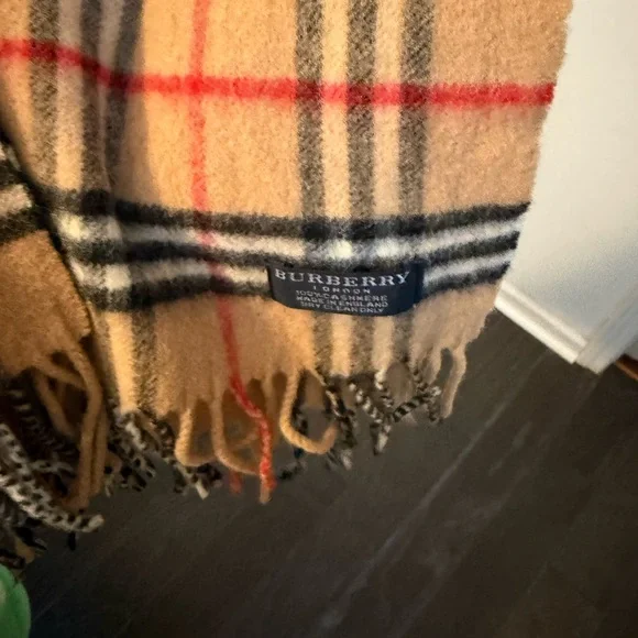 Burberry Cashmere Scarf in Tan, Black, and Red Plaid